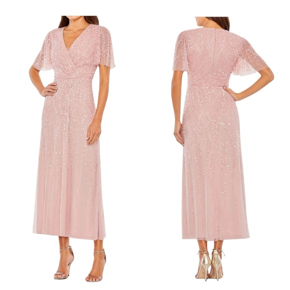 Mac Duggal New 35116 Pink Beaded Wrap Over Butterfly Sleeve Column Dress Size 4 - Picture 1 of 5